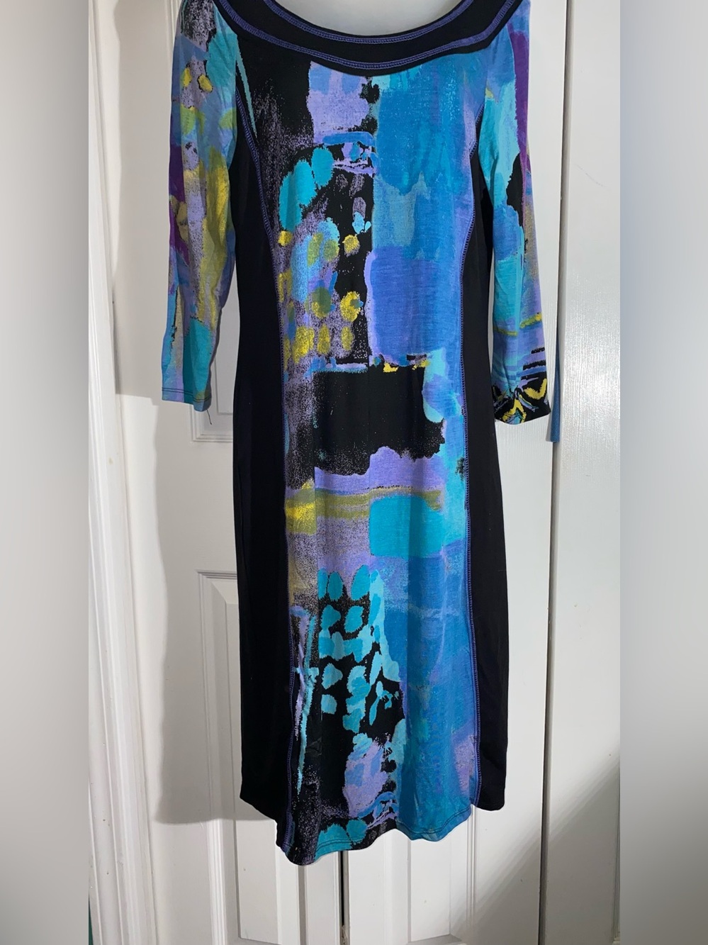 Simon Chang Dress Medium Abstract  Art To Wear Colorful Knit Midi Vintage   AA21
